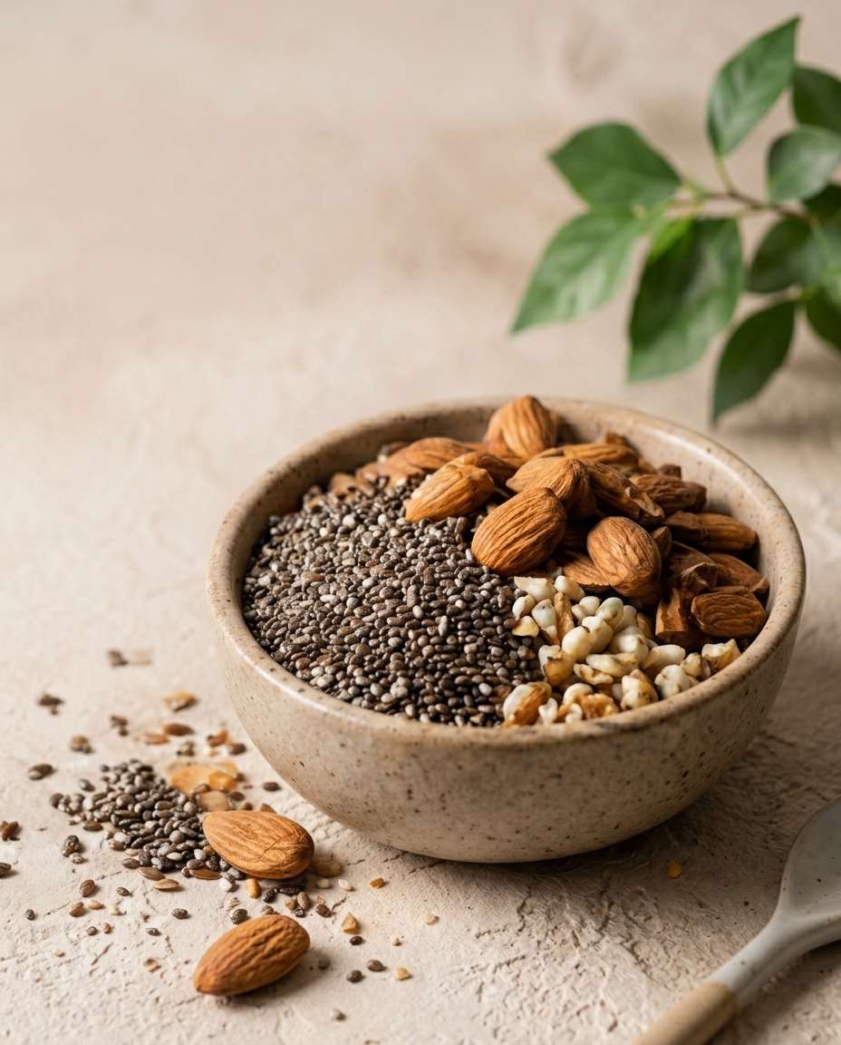 Bowl of seeds and nuts with fresh greenery
